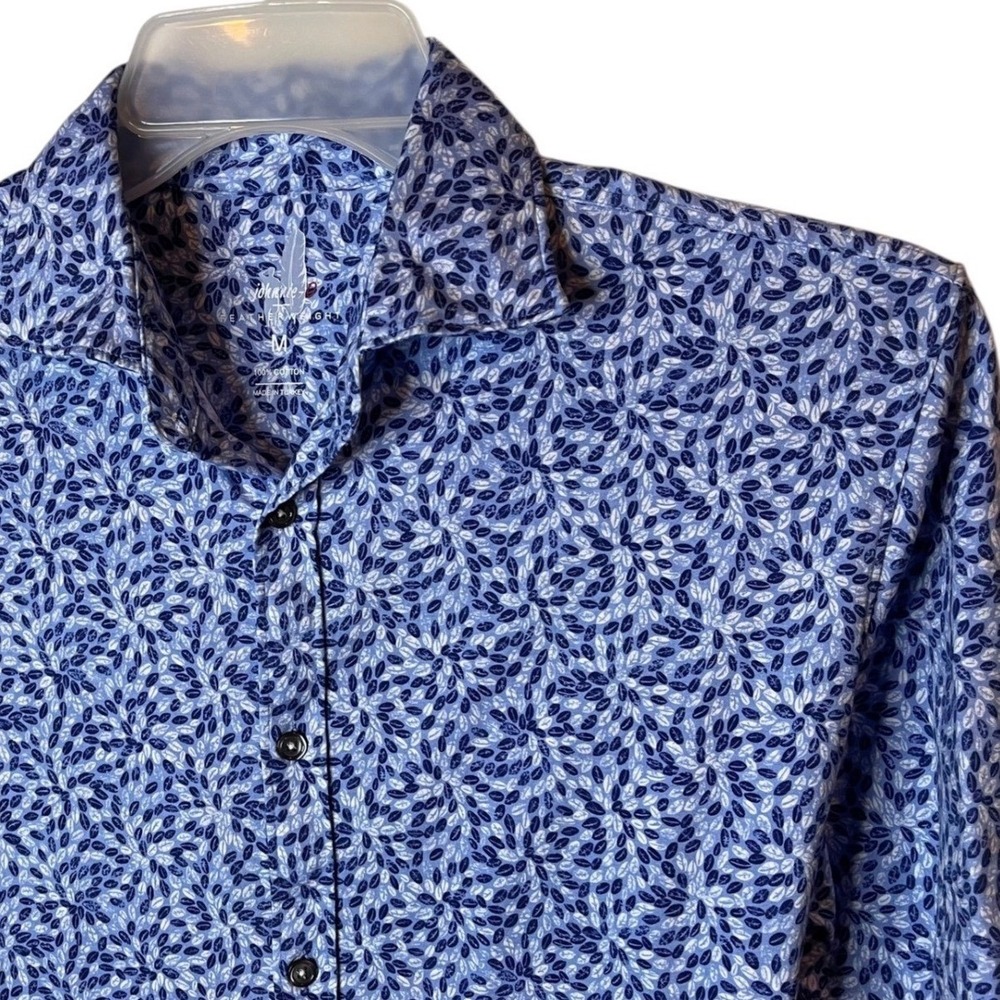 Johnnie-o Featherweight Shirt Mens M Blue Feather Print Short Sleeve Button Up